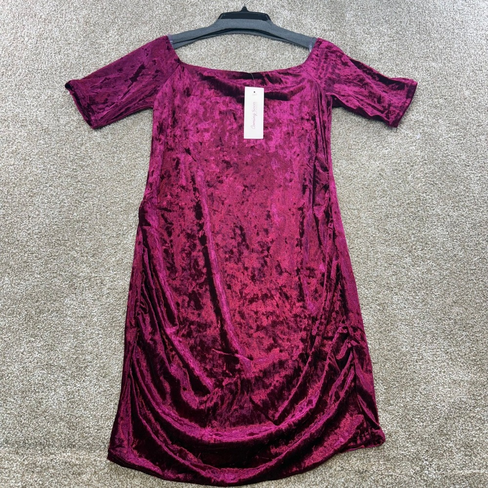 Coming Soon Maternity Burgundy Crushed Velvet Shoulder Dress Small NEW Holiday